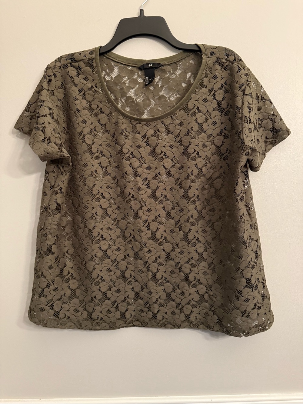 H & M sheer lace blouse, large, EUC, dark green
